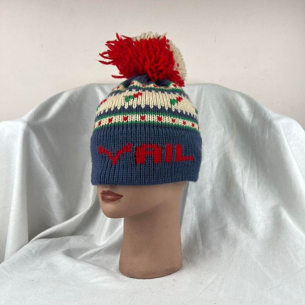 Vintage 1970s Yail Wool Knit Beanie Hat with Red Pom Pom